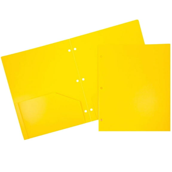 JAM Paper Heavy Duty Plastic 3 Hole Punch Pocket Folders, Extra Tough, Yellow, Bulk 144/Box