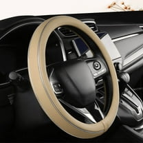 Beige Leather Steering Wheel Cover Fiber Strip Car Steering Wheel Cover Universal 15 inch