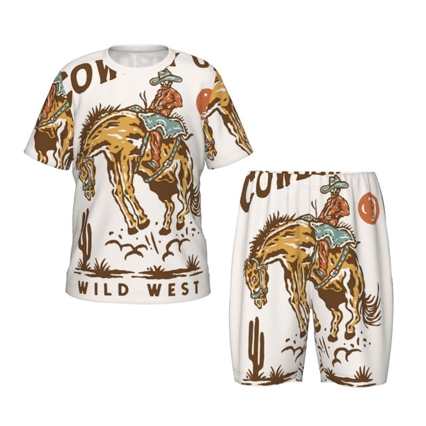 Balery Cowboy Up Vintage Wild West Conjunto de Pijama Infantil de Manga Corta con Estampado – Ropa de Dormir de Algodón Suave-Large