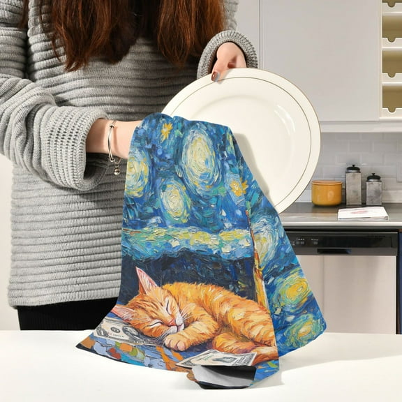 BZSMCE Kitchen Towels Creative Sleeping Cat Printing Pattern Durable Kitchen Towel