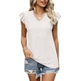 thumbnail image 1 of Blusa de encaje recortada con cuello en V y ojales de manga corta informal de verano para mujer damas blanco S, 1 of 6