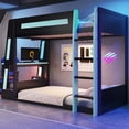 thumbnail image 3 of Mirightone Twin over Twin Bunk Bed with Gaming Desk and Storage Shelves, Wooden Gaming Bunk Bed with LED Light & Charging for Gamer - Black+Blue, 3 of 8