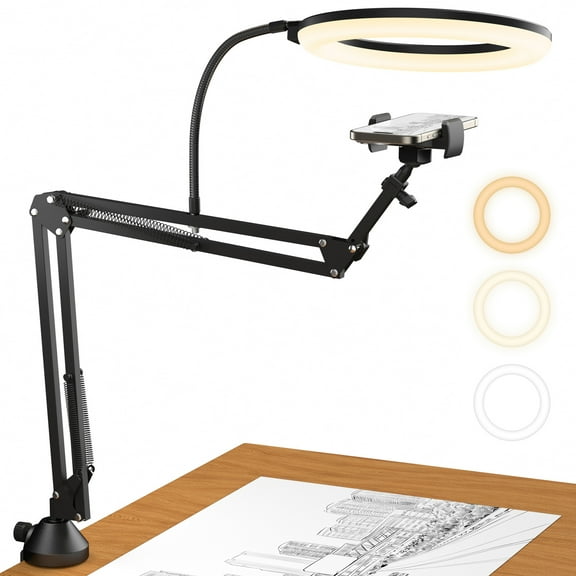 TONOR Overhead Ring Light Kit, 10" Ringlight with Heayy Duty Boom Arm and Phone Holder, Adjustable Angle, Suitable for Video Recording, Live Stream, Drawing, Makeup Nail