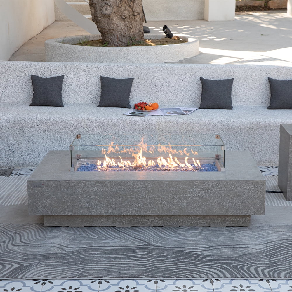 Elementi Plus Riviera Propane Fire Pit for Outside Outdoor Fire Pit Table Smokeless Firepit Concrete Rectangular Fire Table Patio Heater Fireplace 60000 BTUs - Light Grey, 60 x 31.9 Inches
