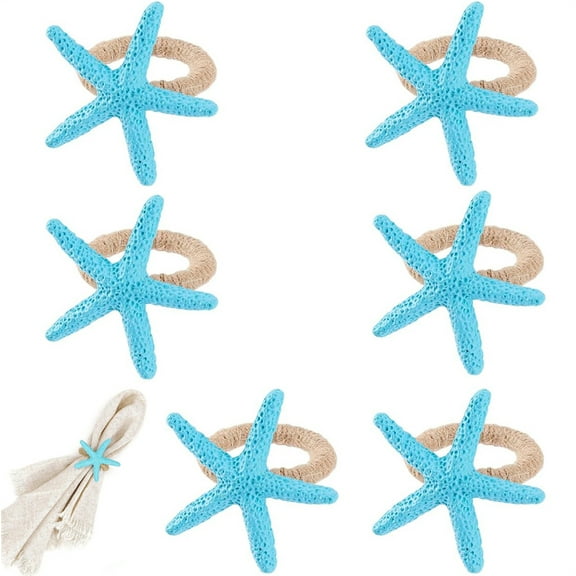Duslogis Starfish Napkin Rings Set of 6, Sea Star Napkin Ring Holders for Crafts, Beach, Dinner Party, Wedding, Theme Party, Banquet, Nautical, Coastal Table Decor (Blue)