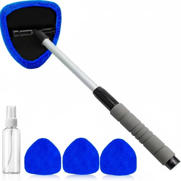 STORGENER Universal Windshield Cleaning Tool, Extendable Long Handle, 4 Washable Reusable Microfiber Pads, Car Window Cleaner for Interior & Exterior Glass, Blue