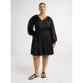 thumbnail image 2 of Scoop Women's and Women's Plus Crinkle Satin V-Neck Shirred Mini Dress with Long Sleeves, Sizes XS-4X, 2 of 5