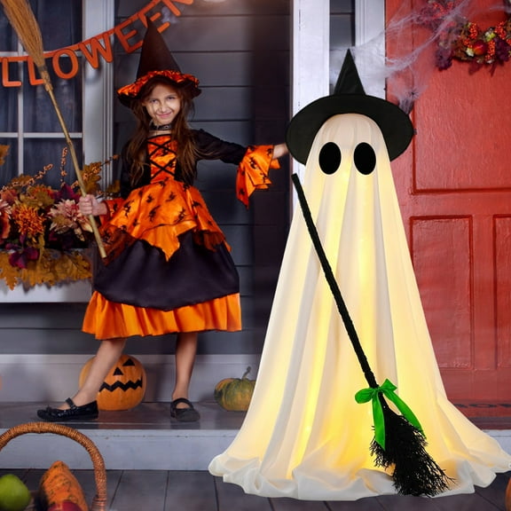 GoLucid 50.4in Light Up Witch Hat Ghost Halloween Decoration with Broom, Large Glowing Ghost Yard Decor for Porch Lawn Outdoor Halloween Decor
