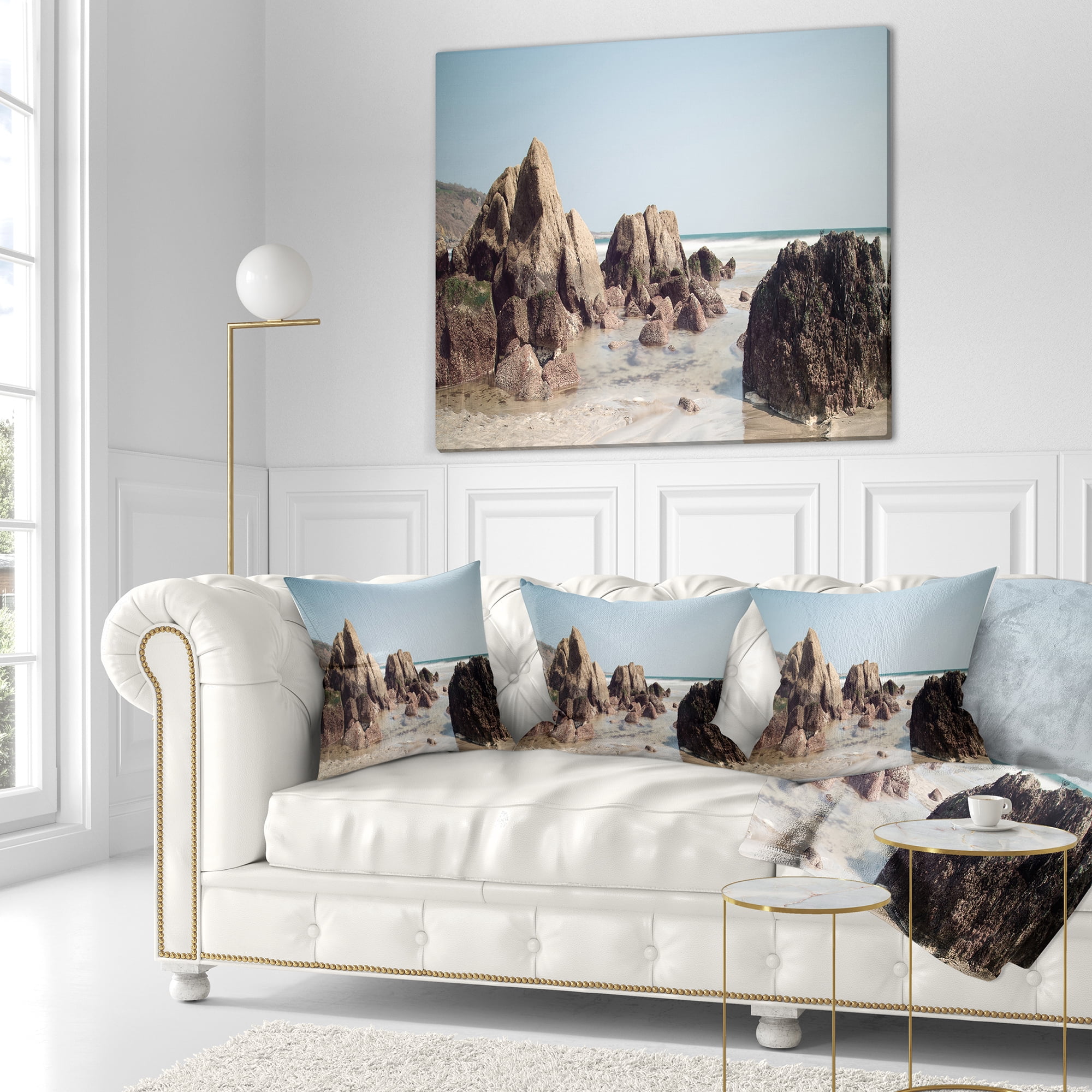 Designart Large Rocks at Coast Panorama - Seashore Throw Pillow - 16x16