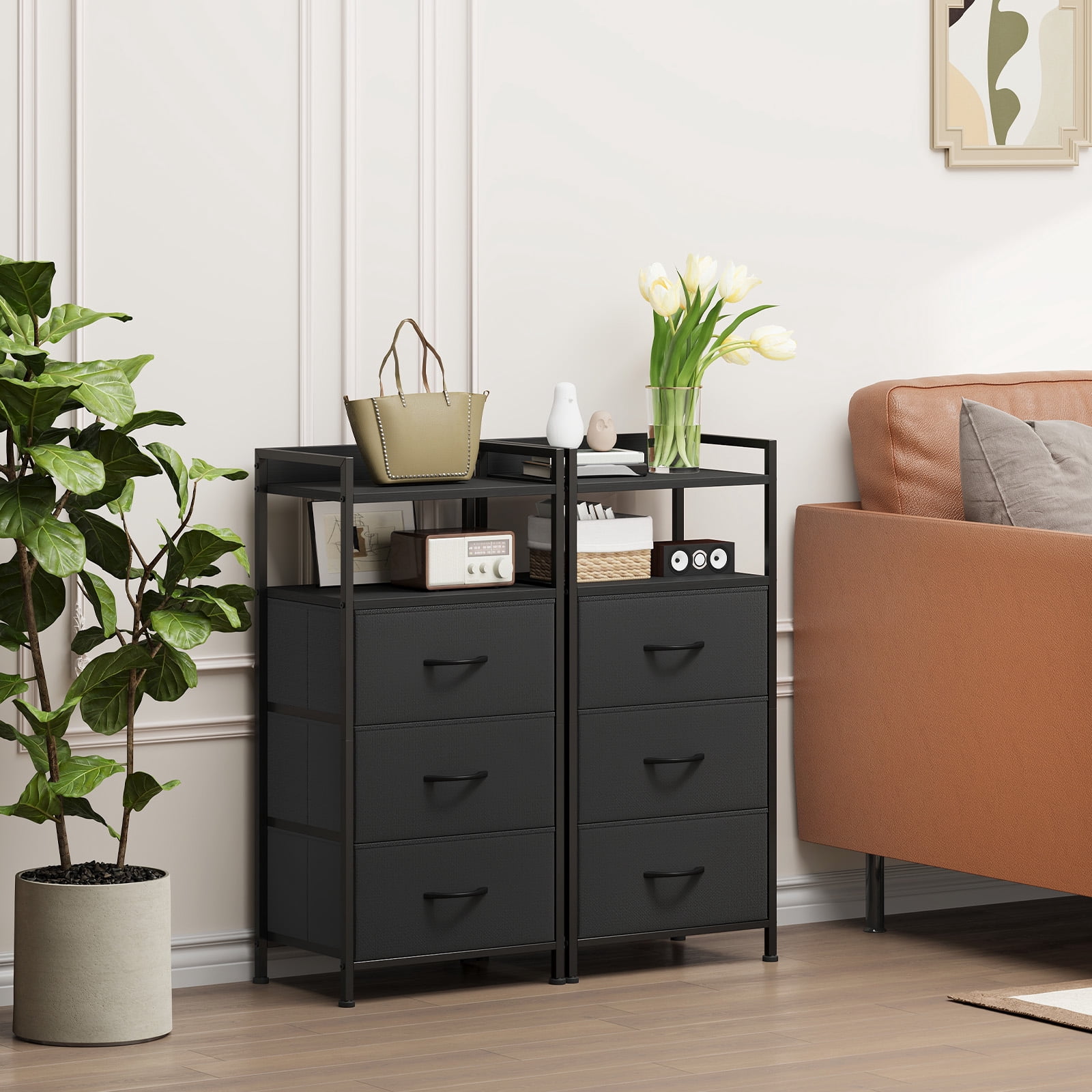Eunos Black Tall Nightstand, 3 Vertical Fabric Drawer Dresser for Bedroom, Living Room, Hallway