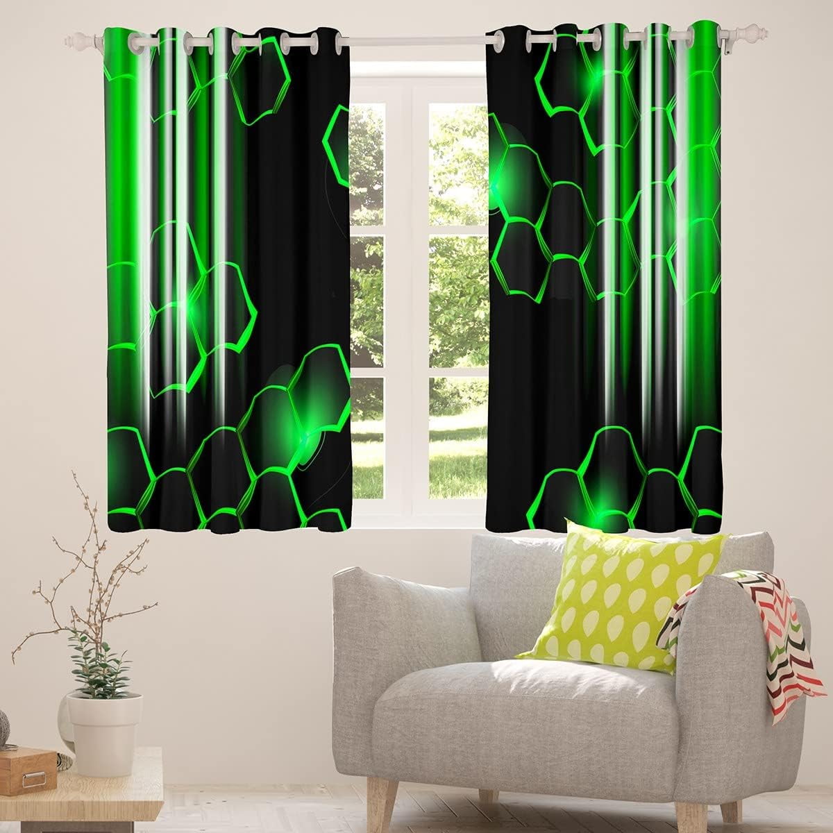 Honeycomb Curtains (2 Panels, 52 x 63 Inch) Modern Hexagon Theme Green Curtains Strip Lines Darkening Dreapes Modern Gradient Black Green Window Treatments 30%-50% Blackout