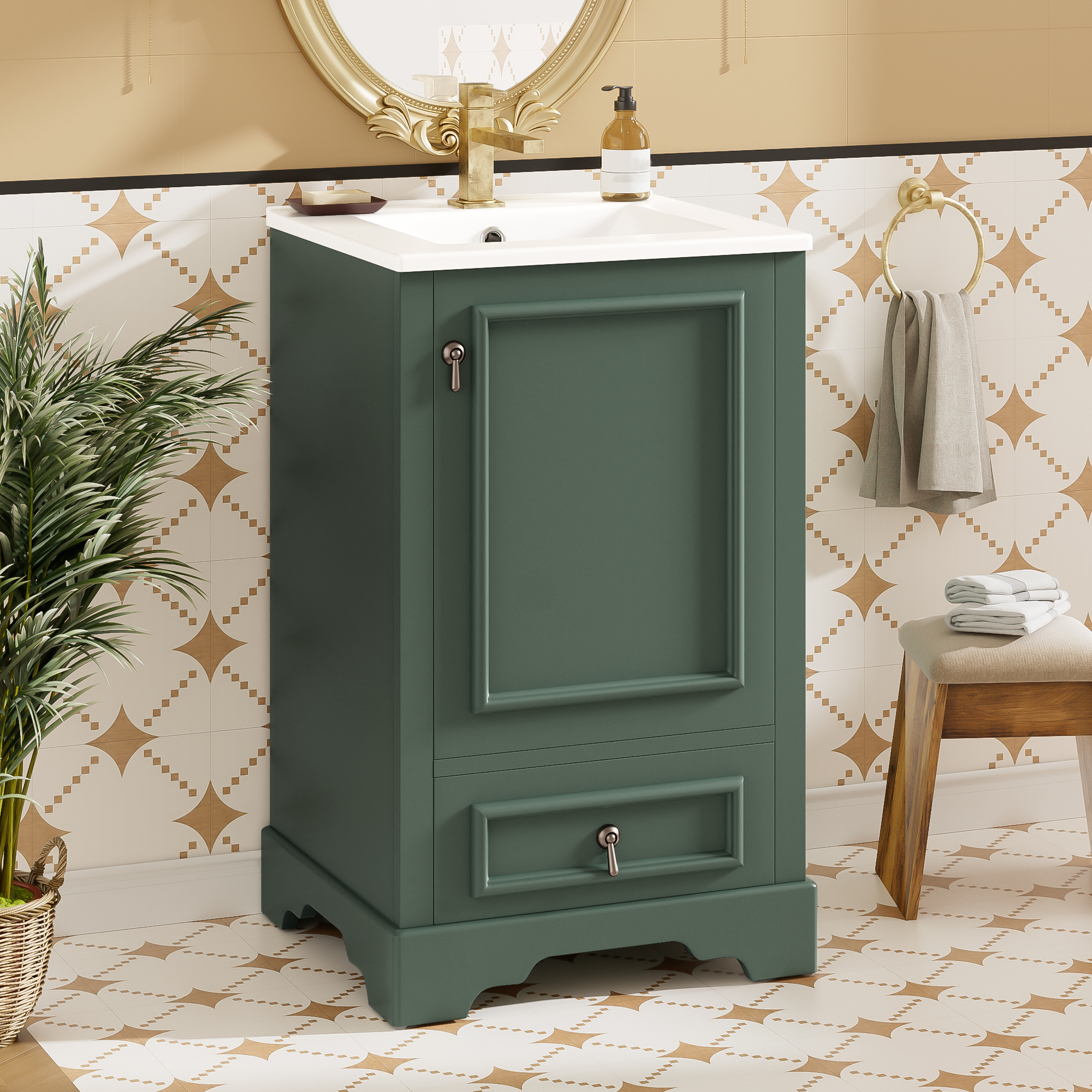 MODERNLUXE 20" Bathroom Vanity with Ceramic Sink Combo,Solid Wood Bathroom Storage Cabinet with Compartment Drawer and Adjustable U-Shaped Shelf, Soft-Close Door with Organizer for Small Space,Green
