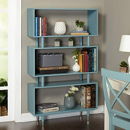 ModHaus Living Mid Century Modern Bookshelf with 3 Shelves and Solid Wood Legs - Includes Pen (Blue)