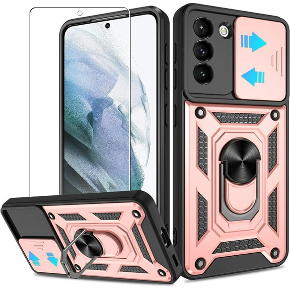 Samsung Galaxy S21 Case,Compatible with Samsung Galaxy S21 Case with HD Screen Protector with Slide Camera Cover, 360° Rotation Ring Kickstand [Military Grade] Case for Samsung S21,Rose Gold