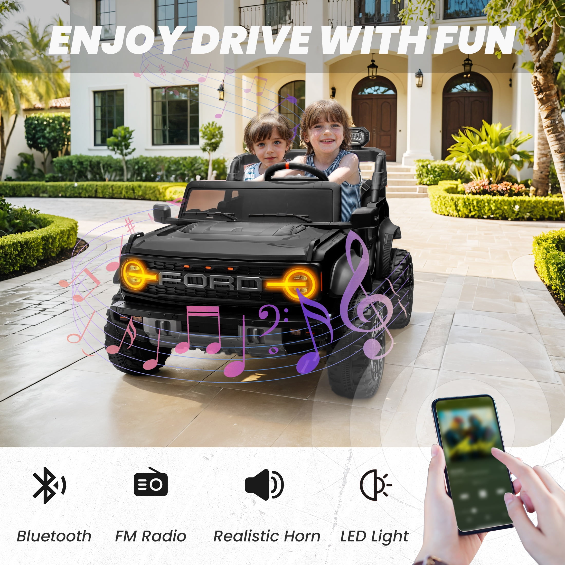 iYofe 24V 2 Seater Ford Bronco Raptor Powered Ride on Car with Remote Control, 4 Wheels Suspension, Ages 3-8, Black