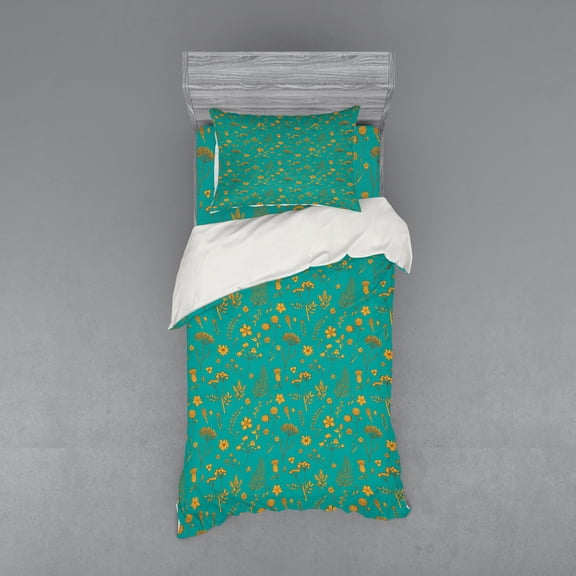 Ambesonne Floral Bedding Set 3 Pcs, Teal and Orange Art Pattern, Twin XL, Pale Orange Dark Seafoam