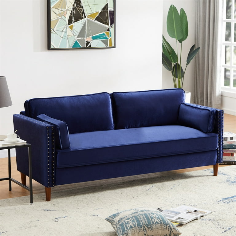 3P-Seater Living Sofa, Upholstered Velvet Sofa with Rivet Decor, Sofa Frame Solid Rubber Legs and Square Arm, Modern Style Suitable for Living Room and Office, Easy Assembly, Blue -