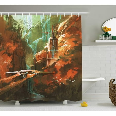 Ambesonne Fantasy World Eship On Background Of Waterfall Ambesonne Fantasy World Eship On Background Of Waterfall Lighthouse And Red Canyon Print Shower Curtain