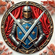 HELLOYOUNG Medieval Knight Shield Sword 8x8 Inch Round Vintage Metal Wall Art, 2D Metal Sign for Bar Pub Office Home Living Room Game Room Decor