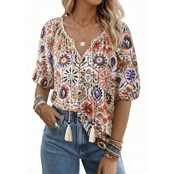 SOMER Women's Boho Tops Casual Short Sleeve Floral Print Blouses V Neck Tie Front Flowy Shirt for Going Out, Beach, 2026 Summer Trendy
