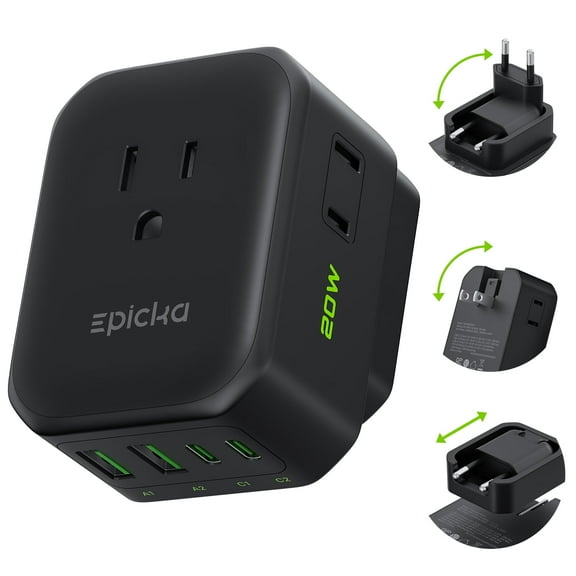 EPICKA Hybrid European Travel Plug Adapter Type C VisaPlug 8-IN-1 International Power Adapter,Black