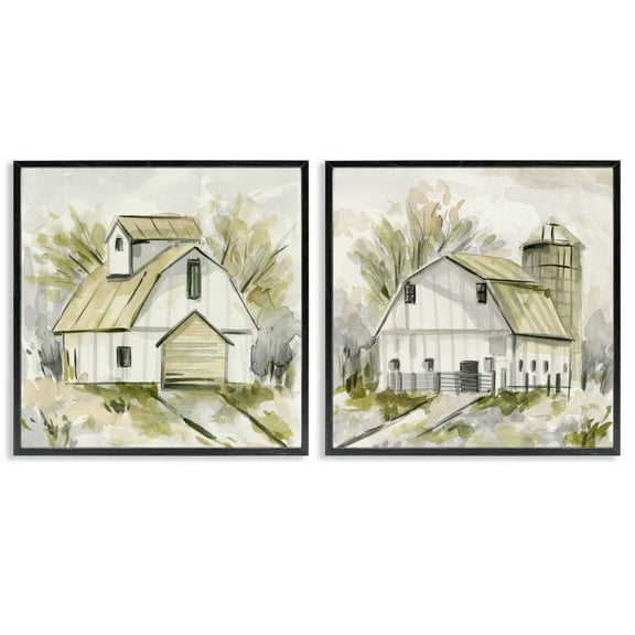 Stupell Industries Sketch Drawing Barn Silo Landscape & Nature Painting Black Framed Art Print Wall Art, 12 x 12, Set of 2