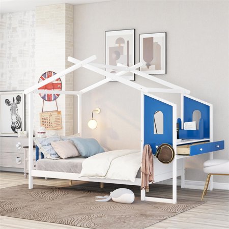 Full Size Platform Bed  Kids House Bed with Built-in Desk and 2 Storage Drawers  Wood Platform Bed Frame with Headboard and Footboard  Separate Storage Pen Case  White