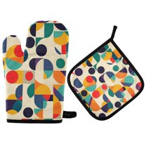 Yayeee Oven Mitts and Pot Holder Set of 4 Heat Resistant Kitchen Gloves Baking Hot Pad, Green Geometric