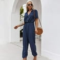 thumbnail image 4 of Combinaison pour Femmes, Mode Été Couleur Unie Col Rabattu Manches Courtes Bouton Poche Combinaison Décontractée, 4 of 8