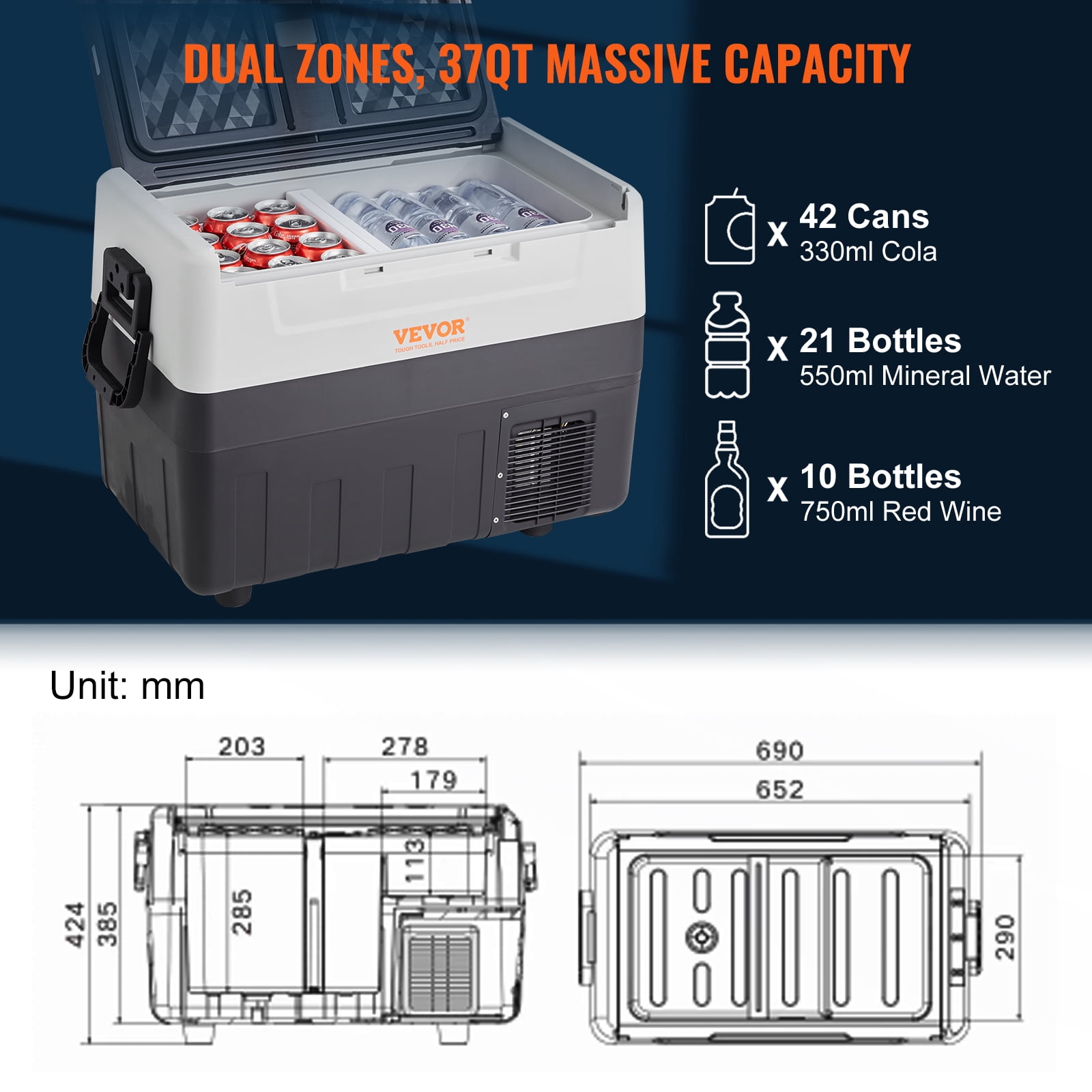 BENTISM Car Refrigerator 37Qt, 12v Portable Freezer with  Dual Zone, 12/24V DC & 110-240V AC Electric Cooler with -4℉-50℉ Cooling Range, for Car Truck Vehicle RV Boat Outdoor & Home use
