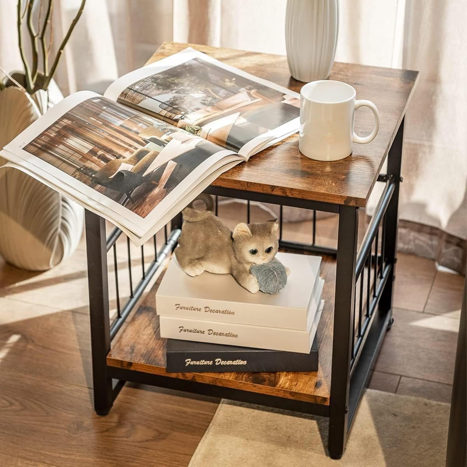 End Table, Industrial Side Table with 2-Tire Storage Shelf, 180LBS Mini Fridge Stand with Adjustable Feet, 18"x18" Wood Night Stand Small Bedside Table with Sturdy Metal Frame for Living Room Bedroom