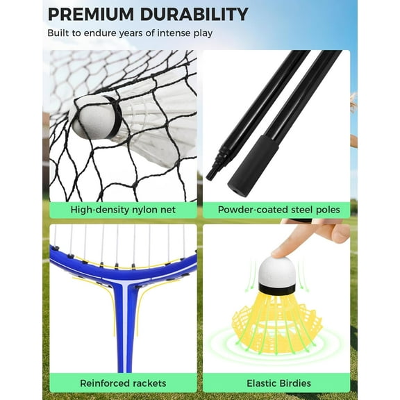 Portable Badminton Net Set - Storage Case - Freestanding Base - Quick Setup - Pop Up Badminton Net with 4 Rackets, 4 Shuttlecocks for Indoor & Outdoor Games, Backyard Family Fun
