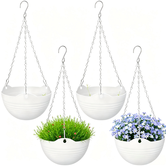 White Hanging Planters Self-Watering 4 Pack 8 Inch, Round Hanging Basket with Metal Chain & Water Tray for Indoor Outdoor Plants, Garden Porch Wall Decoration