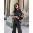 thumbnail image 4 of Women'S Round Neck Pleated Sleeveless Casual Suit,Sleeveless Crewneck Vest Wide Leg Pantsuit Business Sets with Pocket Dark Gray S, 4 of 8