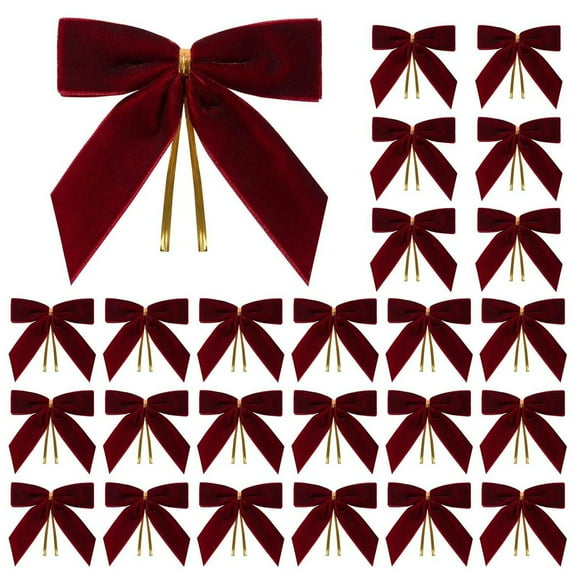 24PCS Small Velvet Christmas Bows for Christmas Tree, Wreath, Gift Wrapping, Crafts, Wedding, Party, Twist Tie Bows for Treat Bag Bakery Candy Bags, Home Decor