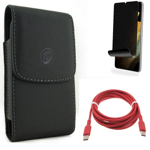 Privacy Screen Protector & Case Belt Clip & Red 6ft Long Cable for Samsung Galaxy S21 Ultra Phone - TPU Film Fingerprint Works & Leather Holster & USB-C to Type-C PD Fast Charger Accessory Bundle