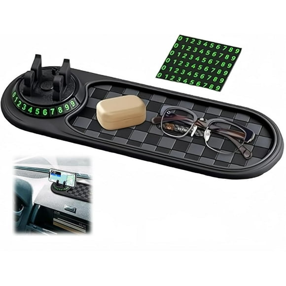 Tapis Antidérapant Multifonctionnel pour Voiture, Support de Téléphone Universel pour Voiture, Tapis de Tableau de Bord Rotatif Antidérapant, Numéro de Stationnement Temporaire, Résistant à la Chaleur (Noir)