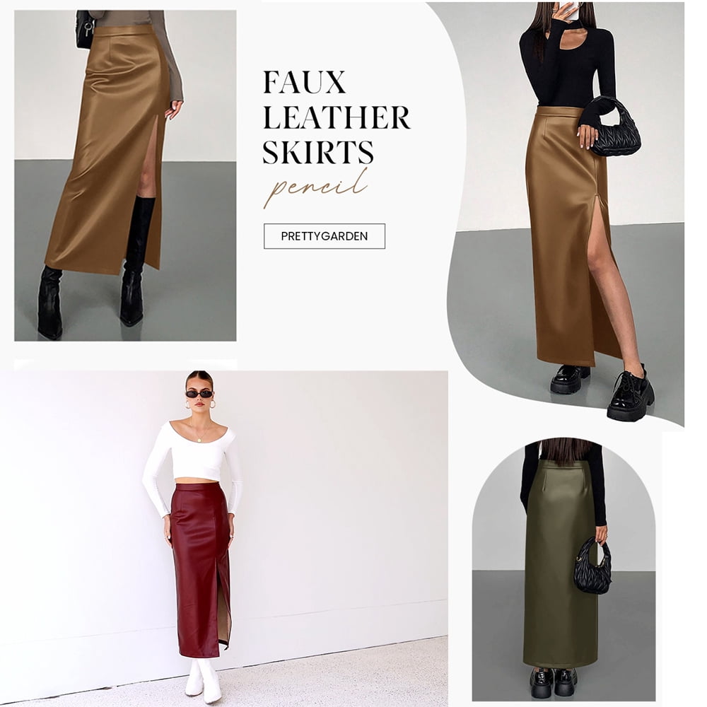 PRETTYGARDEN Womens Faux Leather Skirt Fall Bodycon High Waisted Slit Dressy Casual Winter Maxi Long Pencil Skirts