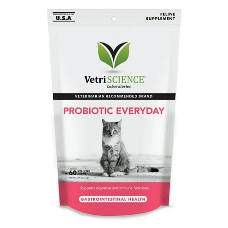VetriScience Laboratories Probiotic Everyday, Digestive Health Supplement for Cats, Duck Flavor, 60 Bite-Sized