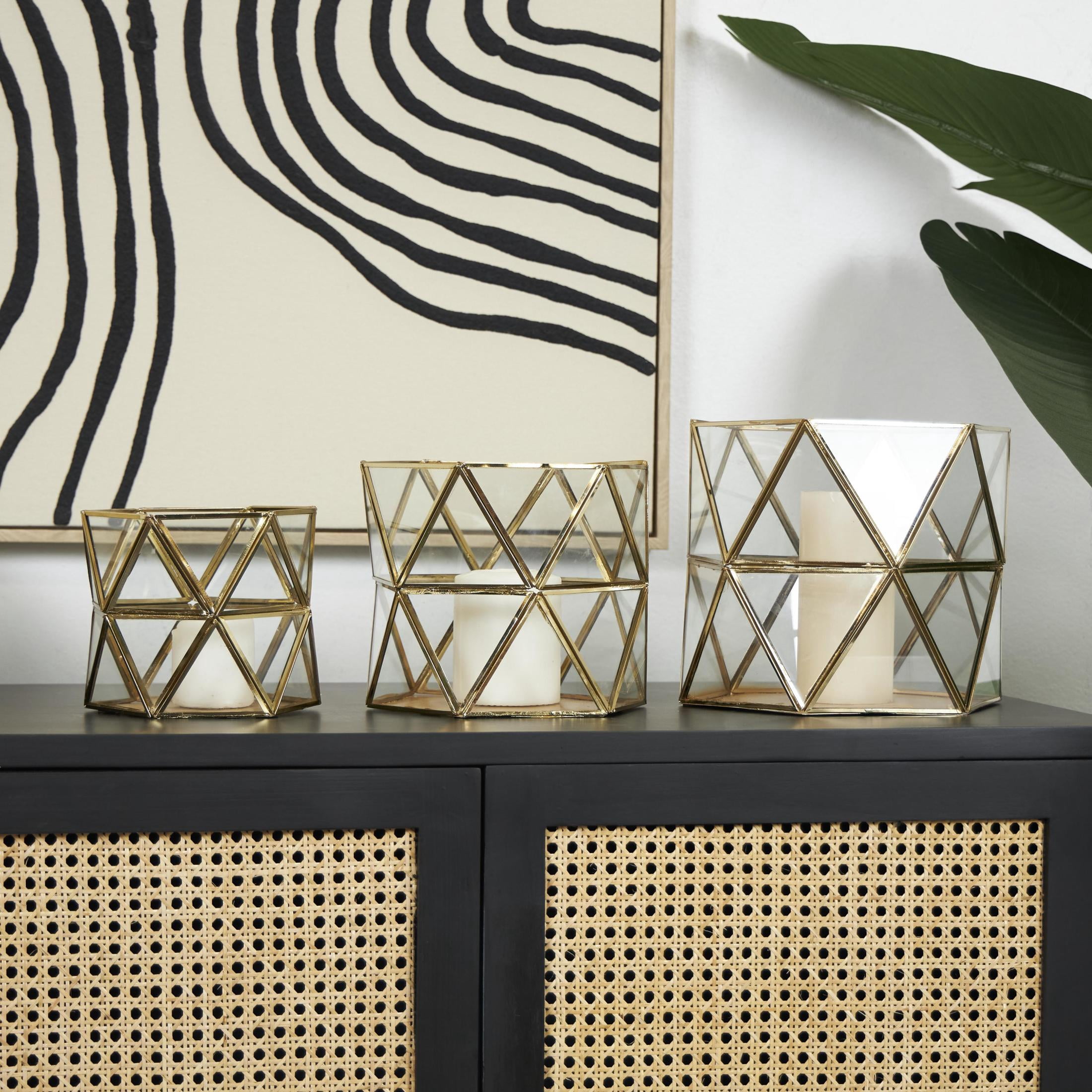 CosmoLiving by Cosmopolitan 3 Holder Gold Metal Geometric Diamond Patterned Hexagon Candle Lantern, Set of 3