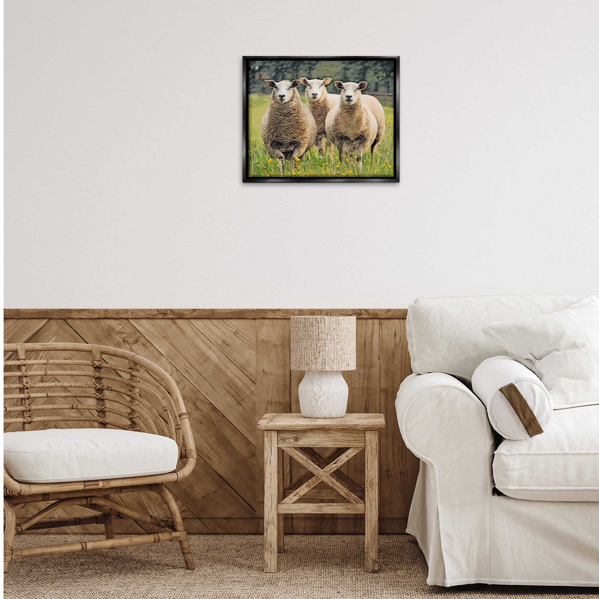 Stupell Industries Sheep Grazing in Grass Animals & Insects Painting Black Floater Framed Canvas Art Print Wall Art, 21 x 17