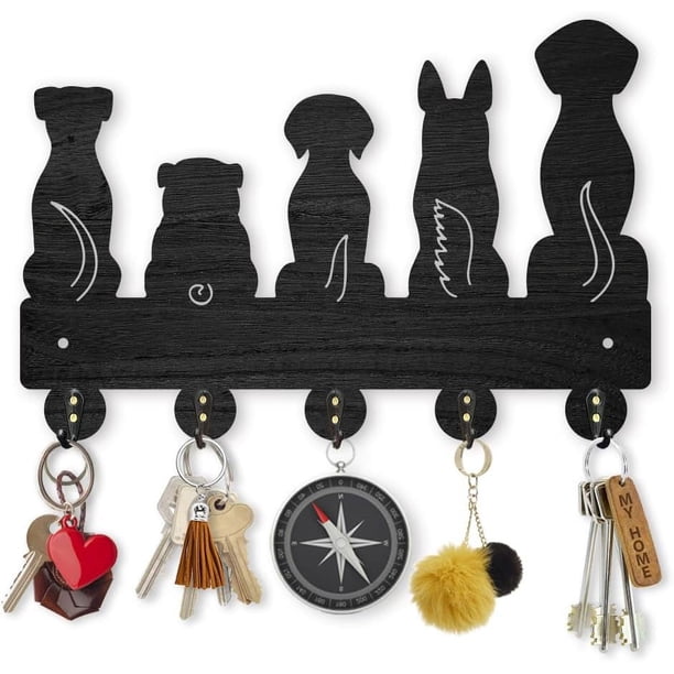 Perchero de pared para perros de 11,879 pulgadas, 5 estilos, llavero decorativo de madera, color negro, organizador con 5 ganchos de aleación.