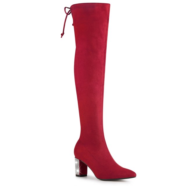 Unique Bargains Bottes Cuissardes à Talons Épais pour Femme avec Strass Rouges (Taille 11)