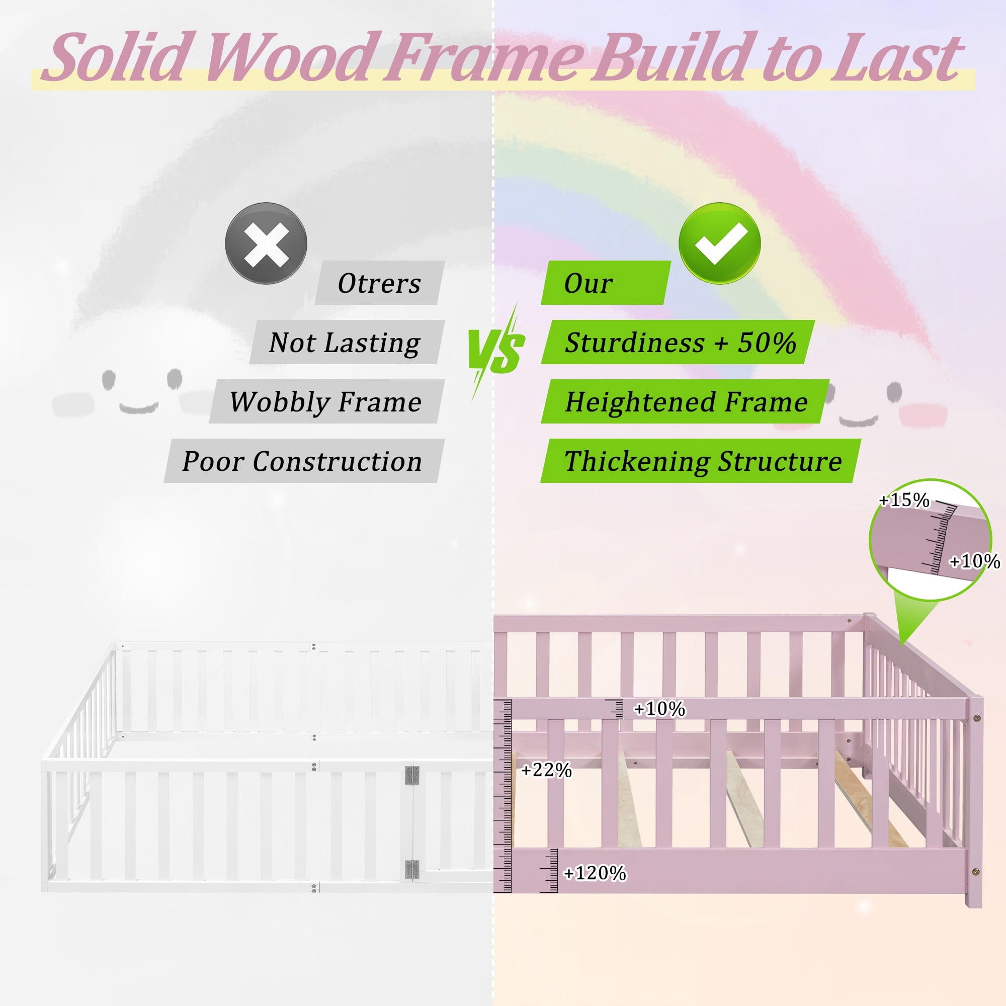 Twin Size Kids Toddler Floor Bed with Door and Fence, UHOMEPRO Montessori Floor Bed with Slats and Safety Guardrails, Solid Wood Twin Bed Frame for Bedroom, Pink
