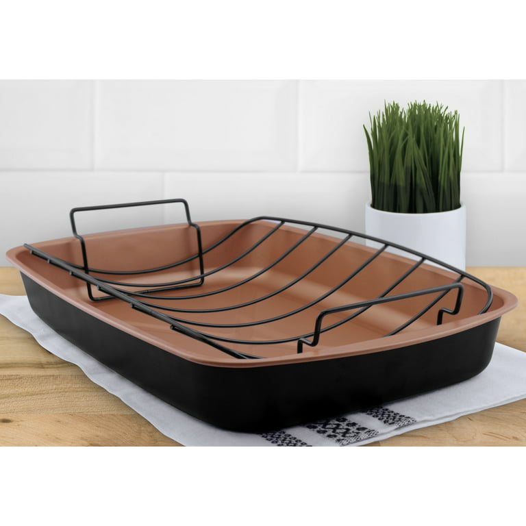 Mainstays Nonstick Roasting Pan with Nonstick Roasting Rack, Copper &  Black, 17.5L x 12.75W x 2.7H