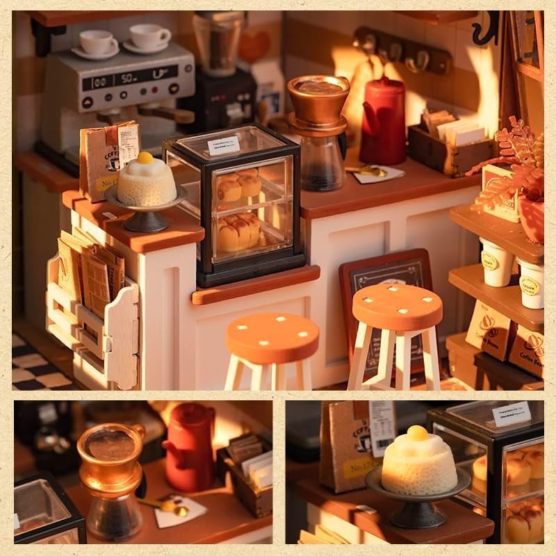 ROBOTIME DIY Miniature House Kit-Flavory Coffee Shop,Mini Wooden Dollhouse Model Building Sets for Home Decor,Tiny House Craft Kits Gifts for Teens Adults
