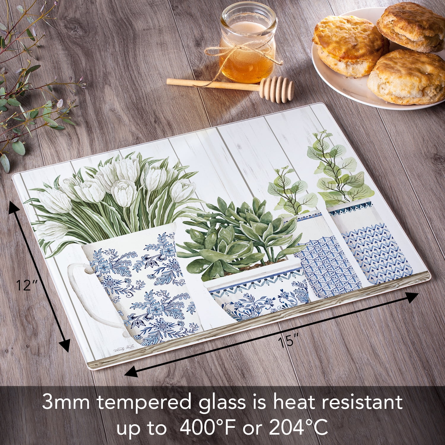 CounterArt Blue & White Pottery 3mm Tempered Glass Cutting Board 15" by 12"