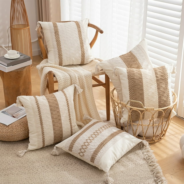 Funda de borla 45x45cm - Cojín decorativo blanco de sofá con borla bordada y cremallera oculta • Funda de almohada suave en la mesilla y el salón