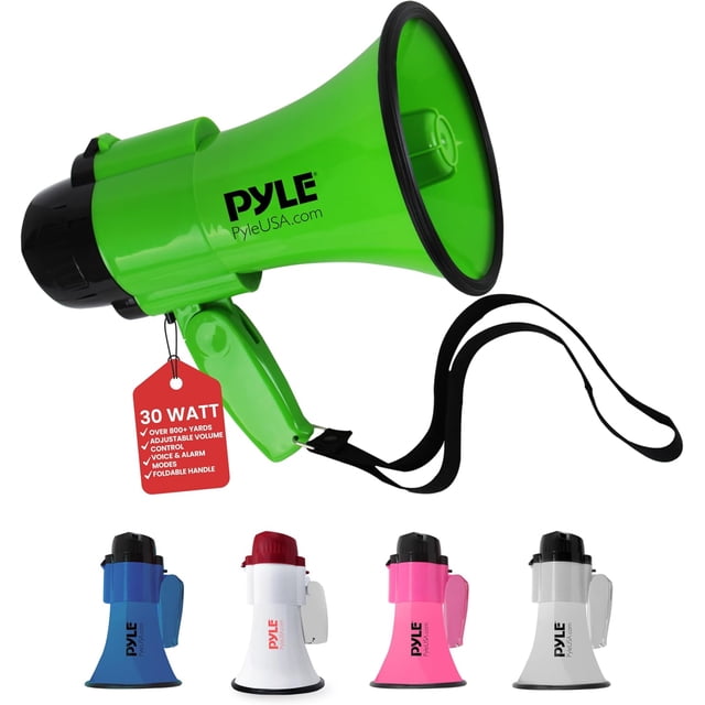 Megáfono Altavoz Ligero 30W Pyle, Bullhorn con Volumen Ajustable, Sirena Incorporada, Alcance de 800 Metros, Ideal para Deportes en el Exterior, Animación y Eventos, Verde