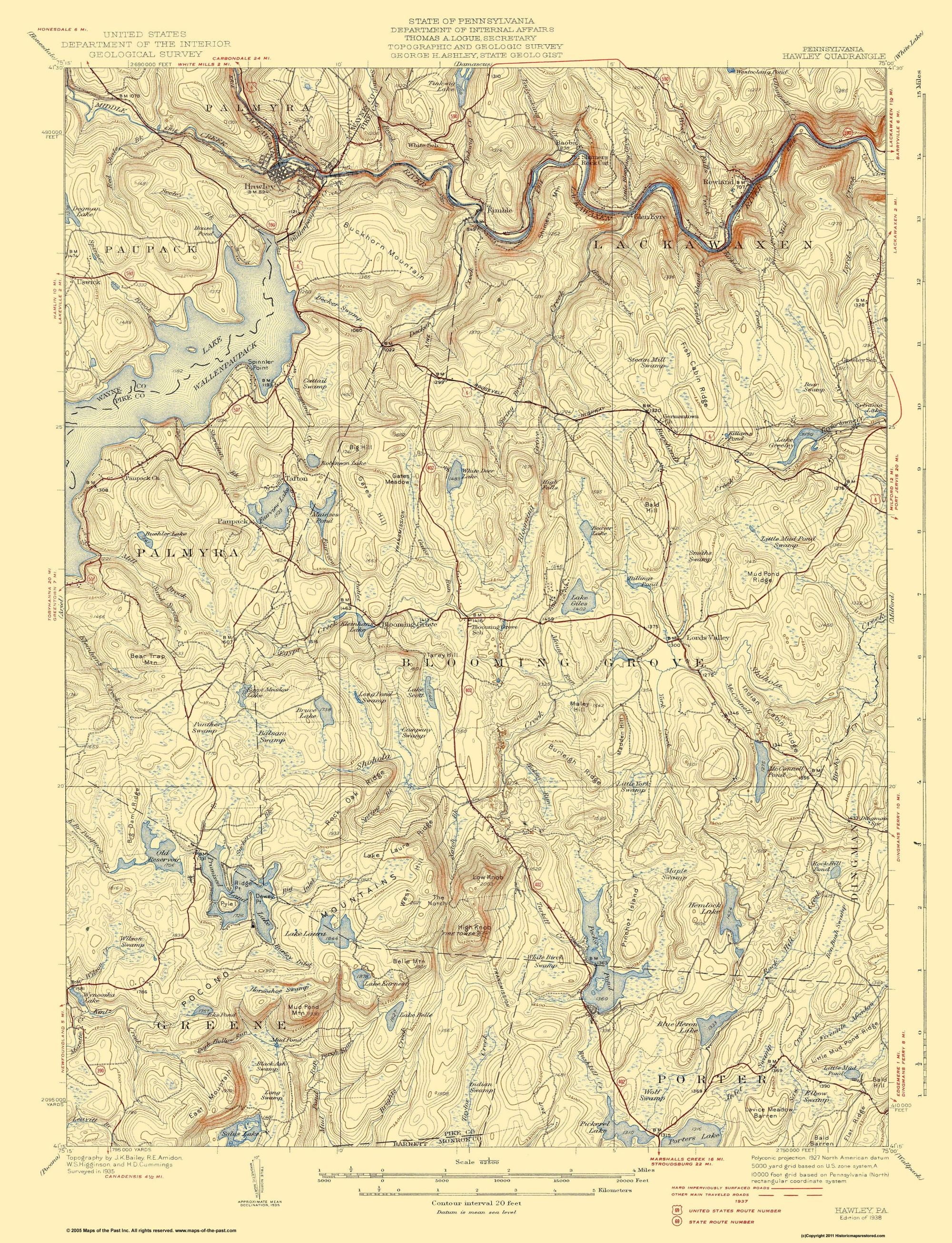 Topo Map Hawley Pennsylvania Quad USGS 1938 23 x 30.04 Glossy